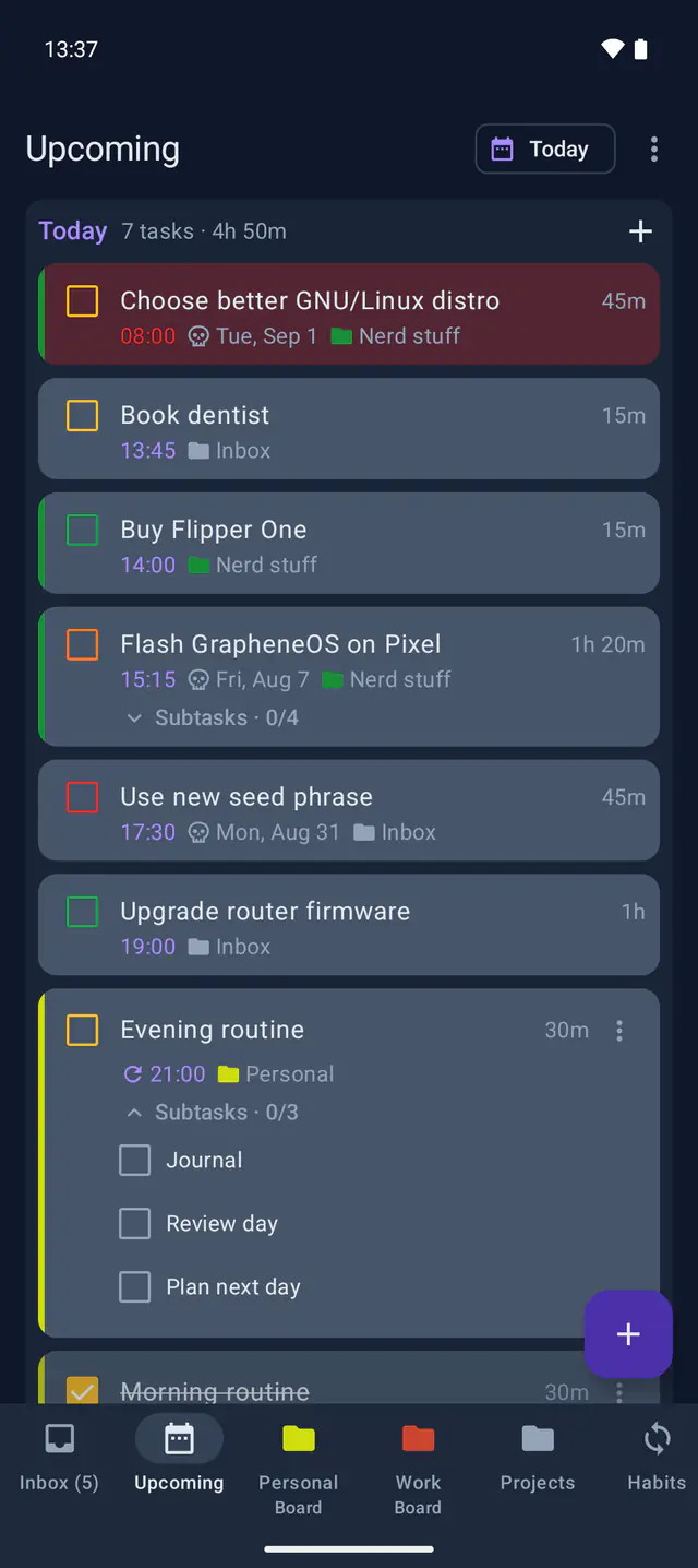 The Upcoming list, grouping today's tasks by time with durations, project colors and expandable subtasks.